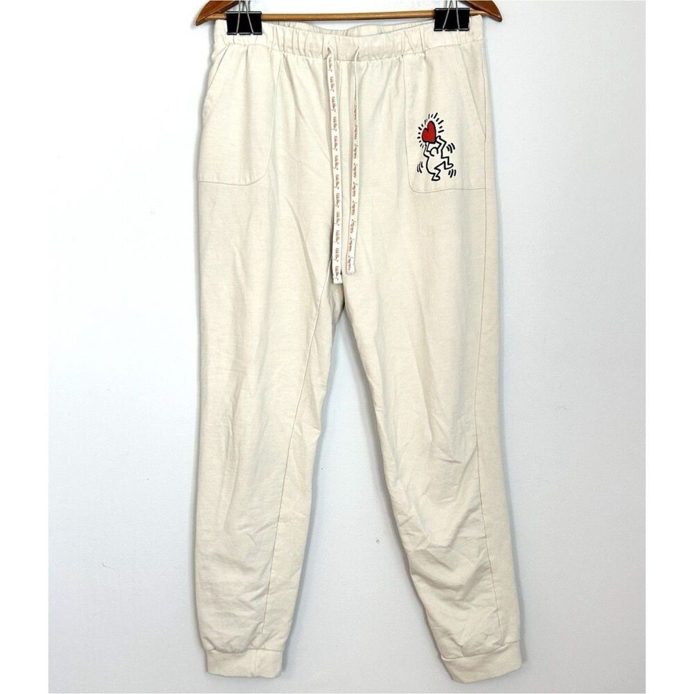 Keith‎ Haring Graphic Jogger Sweatpants Cream Drawstring Art Print Size M